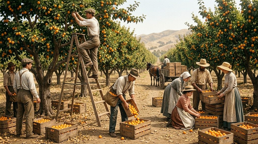 Historical-style illustration of apricot harvesting during Sunnyvale’s orchard era.