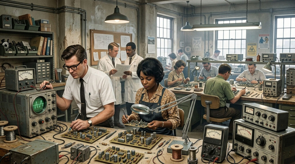 Historical-style illustration of semiconductor workers testing circuits during Sunnyvale’s technology expansion.