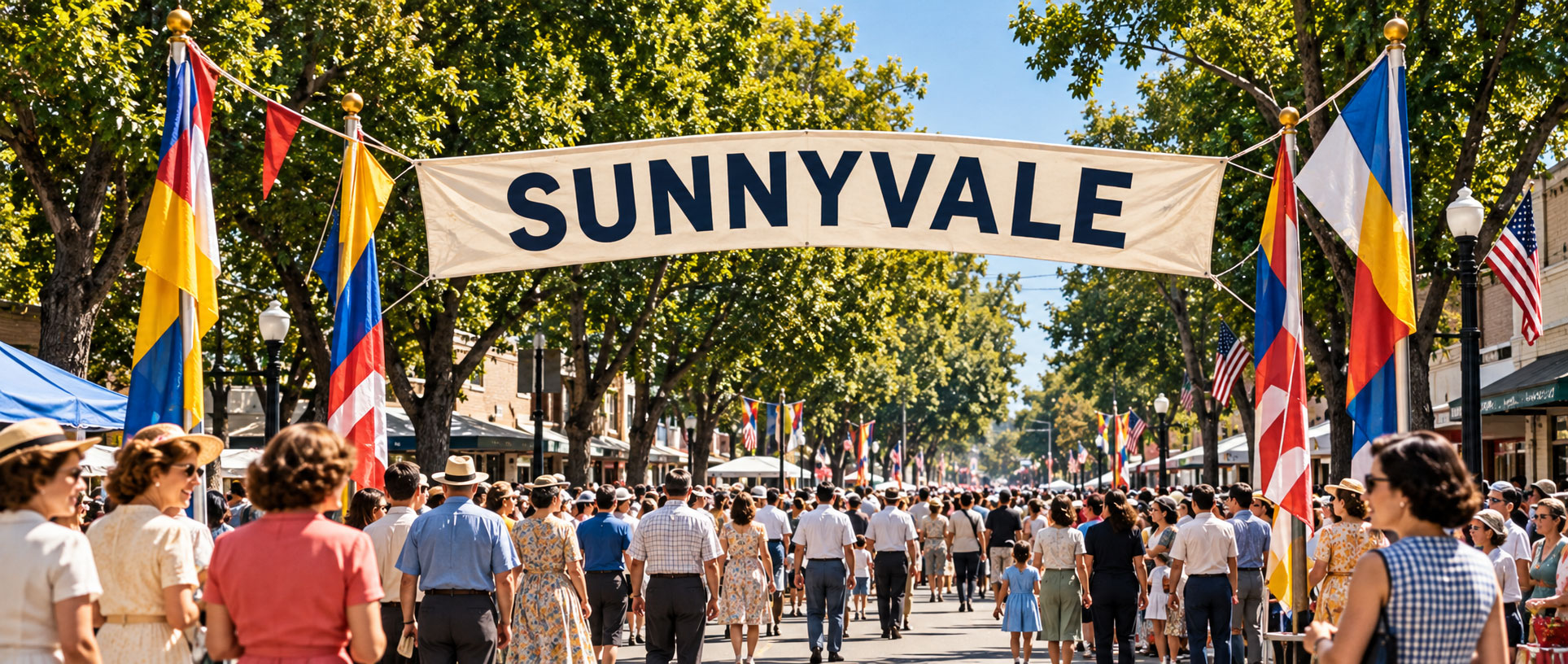 Crowd of people walking down a tree-lined street under a large banner reading ‘Sunnyvale,’ surrounded by colorful flags and festive decorations, evoking a cheerful mid-century town parade atmosphere.