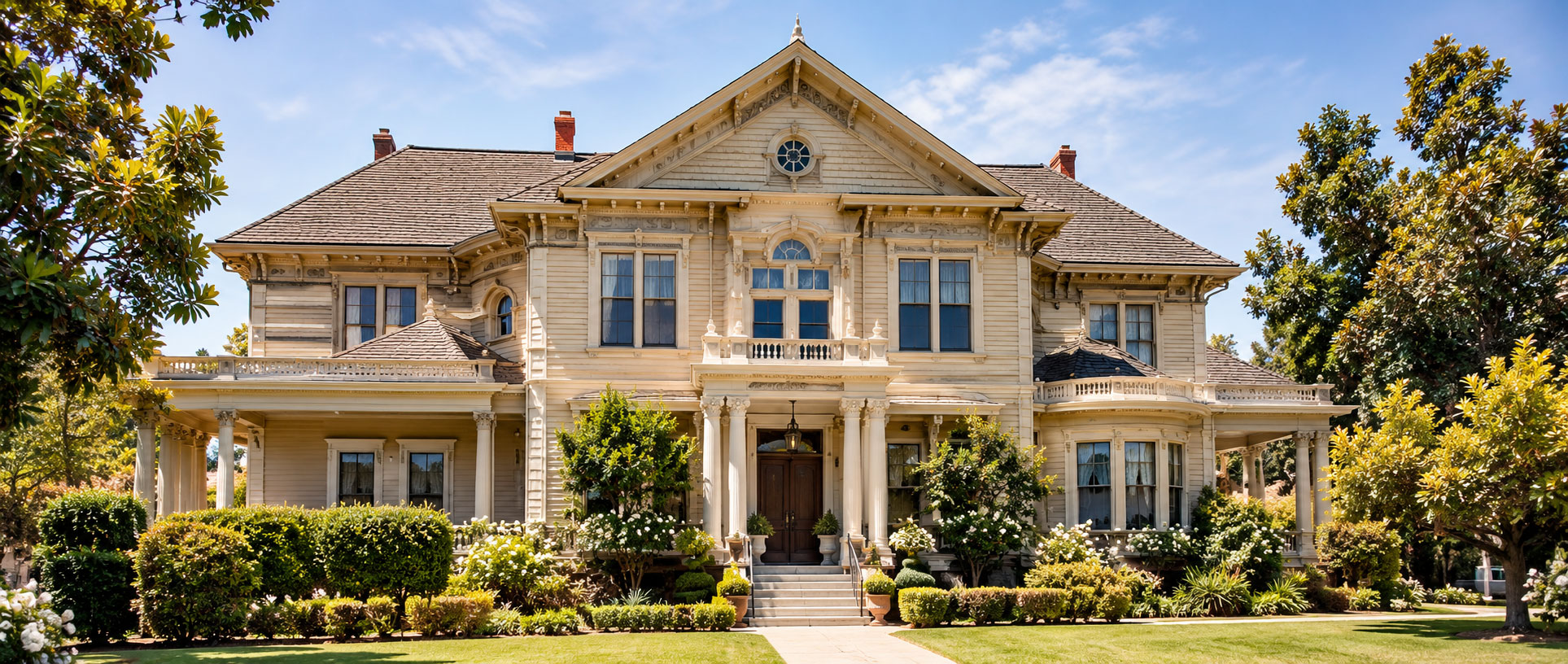 Grand two-story Victorian-style mansion with cream-colored wood siding, ornate trim, columns framing the entrance, and manicured gardens with shrubs and flowers under a bright blue sky.